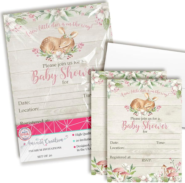 Little Deer Woodland Watercolor Floral Baby Shower Invitations for Girls, 20 Fill In Cards with Envelopes