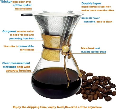 34oz Set (10 Cup/34 oz) Pour Over Coffee Maker with Filter Subjectthree Glass Coffee Carafe Dripper Pourover