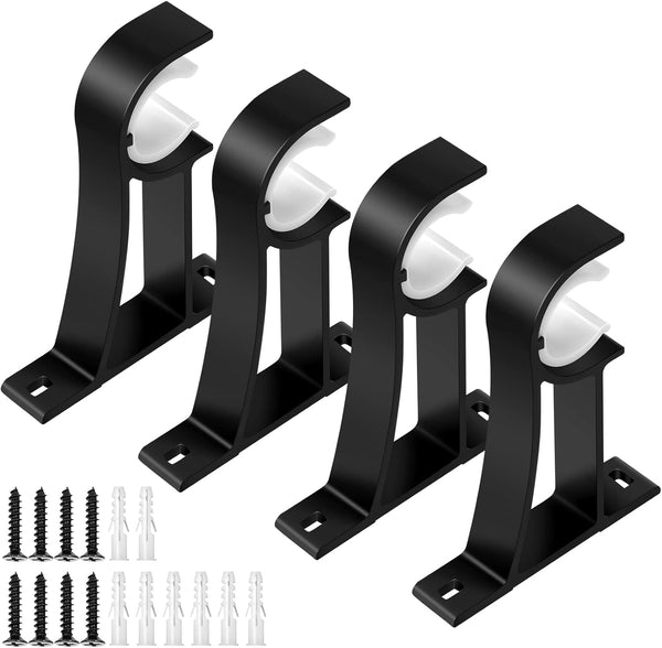 KOLAKO 4 Pack Heavy Duty Curtain Rod Bracket, Decorative Rod Holders for 1 Inch Drapes Rod, Black