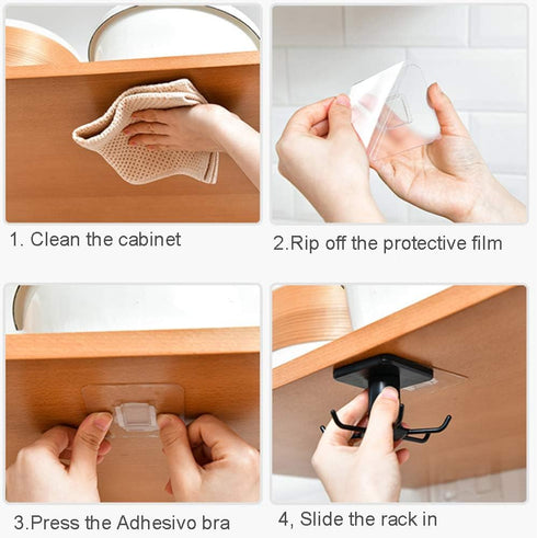 2pcs Under Cabinet Kitchen Utensil Hooks, 360 Rotating Adhesive Hanging Rack for Tools, Towel, Knife (Black)