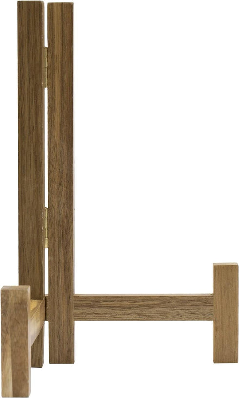 MyGift Plate Display Stand, Rustic Acacia Wood Tabletop Saucer Rack, Folding Picture Frame Holder Easel