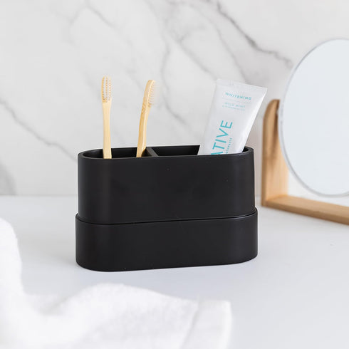 Countertop, 2 Matte Black Large Toothbrush and Toothpaste Holder and Cup for Bathroom Vanity and Compartment Organizer