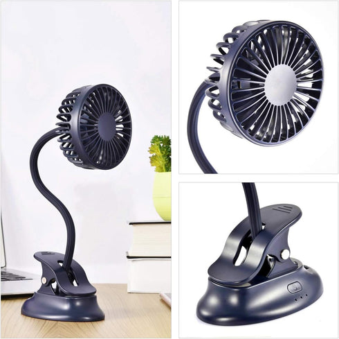 Clip on Fan USB Battery Operated Desk Clip Fan with Emergency Power Bank, Rechargeable Personal Fan, Navy Blue