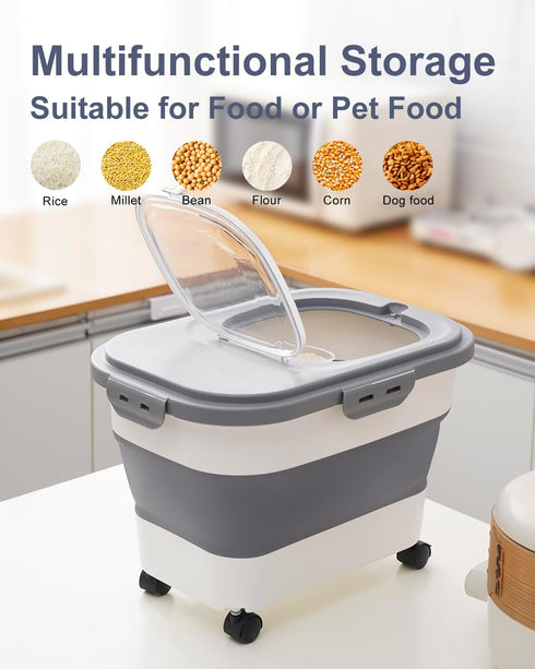 20-30 Lbs Rice Storage Container,Collapsible Food Storage Containers with Rolling Wheel Airtight Locking Lid,Flour