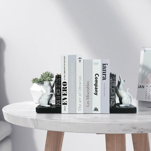 1 LIFFY Decorative Bookends, Heavy Duty Resin Cat Bookends, Non-Skid Bookshelf Stopper, Cute Cat Figures for Shelves