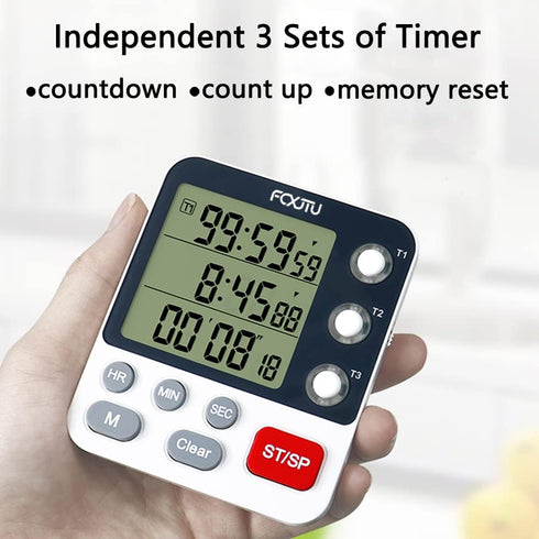 FCXJTU Digital Dual Kitchen Timer, 3 Channels Count UP/Down Timer, Cooking Timer, Large Display, Loud Volume Alarm and Flashing Light with Magnetic Back, Stand, Battery Included (White) by FCXJTU