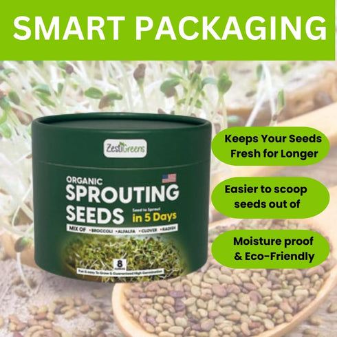 (0.5 lb) ZestiGreens Fresh Sprouting Seeds Mix Broccoli, Alfalfa, Radish, Clover Seeds in Food Grade Colorful Container