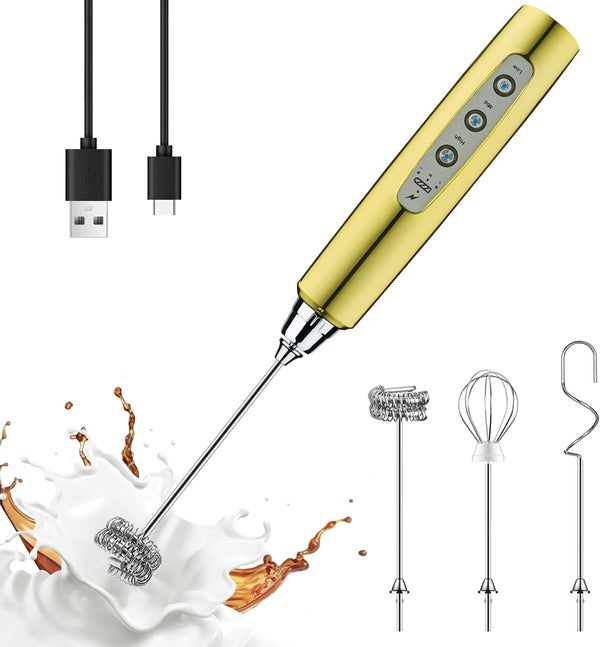 YUSWKO Champagne Gold Handheld Milk Frother Wand - Rechargeable Electric Whisk with 3 Heads, 3 Speeds for Drinks