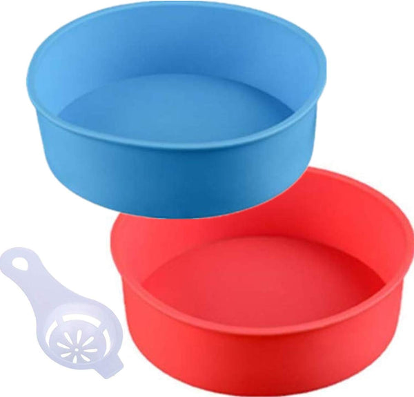 Round Silicone Cake Pan Baking Mold 6 Inches - Set of 2 - BPA-Free Kitchen Baking Tool Red and Blue with Egg White