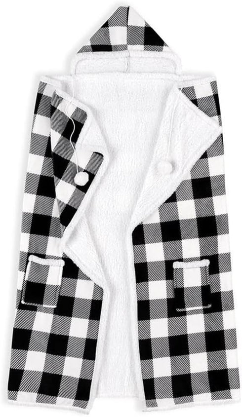 Premium Wearable Hooded Blanket for Adults 71"x51" - Super Soft, Lightweight, Microplush, Cozy Buffalo Plaid White/Black