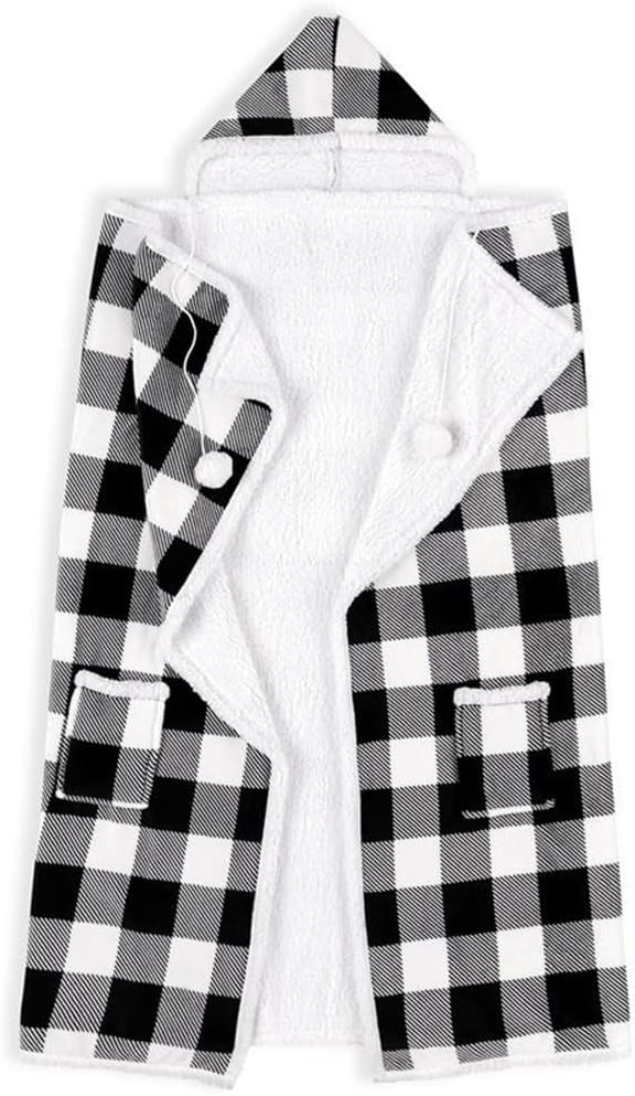 Premium Wearable Hooded Blanket for Adults 71"x51" - Super Soft, Lightweight, Microplush, Cozy Buffalo Plaid White/Black