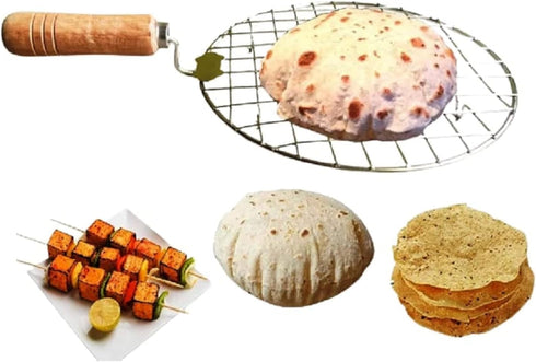 Steel Roasting Roti Jali Set with Wooden Handle, Tong and Pincer, Cooking Rack, Papad Grill, Chapati Grill, Food Tong