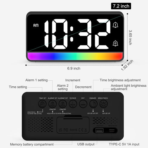 ALANAS 7" Snooze, Large Digital Alarm Clock with RGB Color Changing Night LightDual Alarms, USB Charging, Adjustable