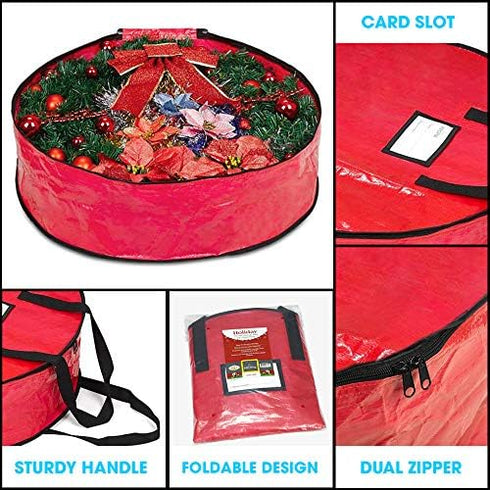 ProPik Christmas Wreath Storage Bag 24" - Heavy Duty Container with Tear Resistant Material, 24” X 8” (Red)