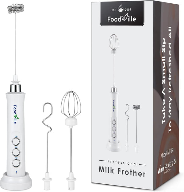 MF09 3 in 1 Rechargeable Milk Frother - Handheld Foam Maker with Charging Stand & 3 Stainless Steel Whisks