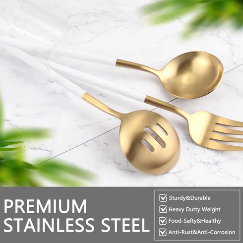 Serving Utensils Set of 5, Matte White Gold Large Spoon, Slotted Spoon, Serving Fork, Sugar Spoon, Butter Knife