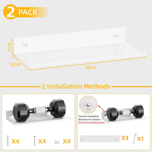 Wisfame 2 Pack, 11.8Inch, Adhesive Wall Shelf Modern Floating Shelves for Wall Metal Wall Mounted Display Ledge Shelf