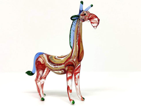 Giraffe Miniature Figurine, Hand Blown Glass Animal Sculpture, Tiny Collectible Art Gift for Home Décor (3.5" Multi-Red)