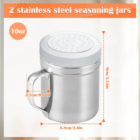 2Pcs Metal Salt Pepper Dredge Shakers, Stainless Steel Pepper Shaker Seasoning Jar With Handle, With Hole And Cover, Suitable For Pepper, Cinnamon And Coffee Spice Jars (Medium-10OZ) by COAUXOG