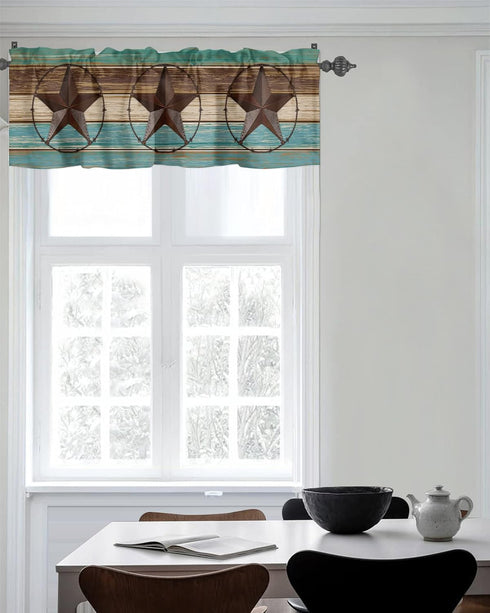 Western Valances Curtain 1 Panel for Kitchen Cafe, Teal Brown Wood Grain, 42"x12", Rod Pocket Window Treatment