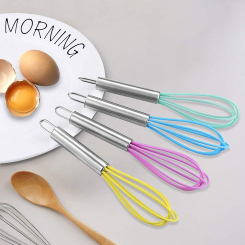 4 Pack Colorful Mini Silicone Kitchen Whisks, Stainless Steel Handles for Milk Egg Blending, 6 Inches