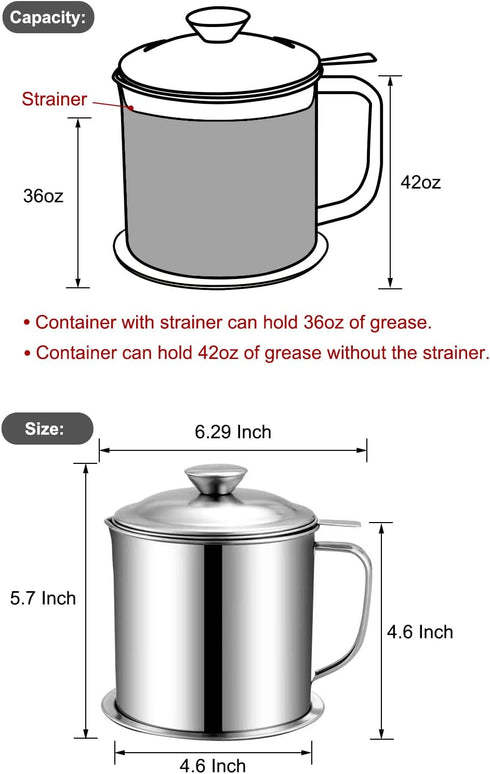 Bacon Grease Container with Strainer 1.25 L / 42 oz Strong Kitchen Catcher Food-grade Stainless Steel Cooking Oil Keeper with Lid and Easy-Grip Handle Suitable for Storing Frying Oil by Tellshun