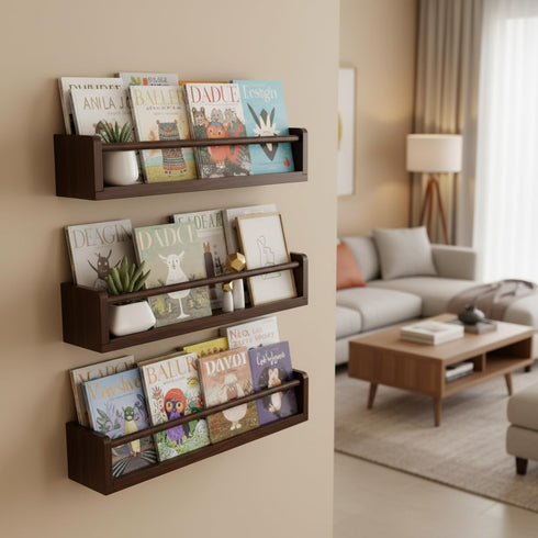Set 3 16 Inch Deep Walnut Nursery Floating Shelves of Wall Mounted Kids Bookshelf & Toy Organizer Rustic Pine Hanging