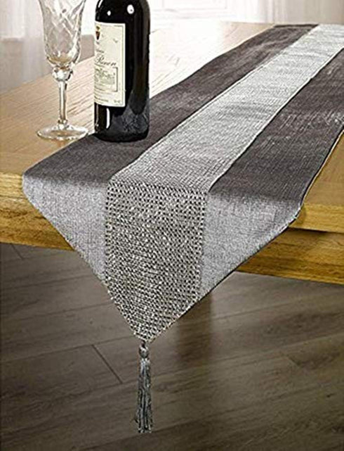 13inch x 72inch Table Runner with Diamante Strip and Tassels (Grey)