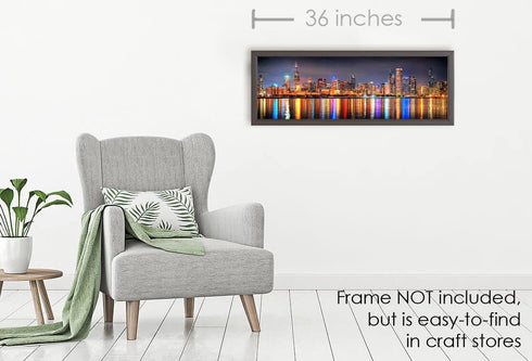 Chicago Skyline 2022 Night Photo Poster Print, BORDERLESS UNFRAMED, Color Downtown, 11.75 x 36 inches