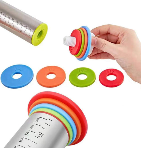Adjustable 17" Rolling Pin with Thickness Rings, Stainless Steel Dough Roller for Pizza, Tortilla, Pie, Pasta, Cookies