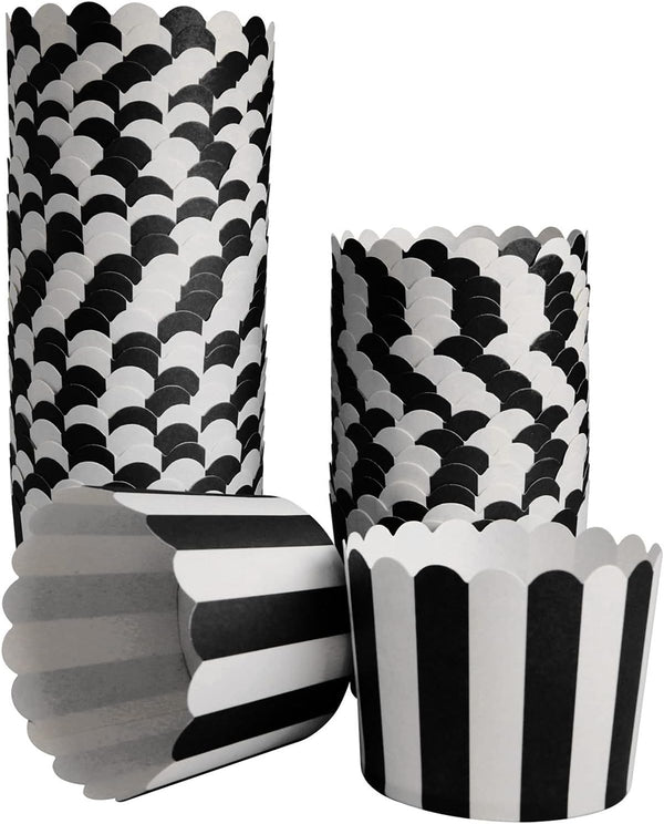 50 Pack Muffin Liners, Black and White Stripes Baking Paper Cups, Elegant Cupcake Wrappers for Birthday Parties,