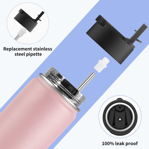 koodee 12 oz Stainless Steel Water Bottle, Double Wall Vacuum Insulated Flask with Wide Handle Straw Lid (Light Pink)