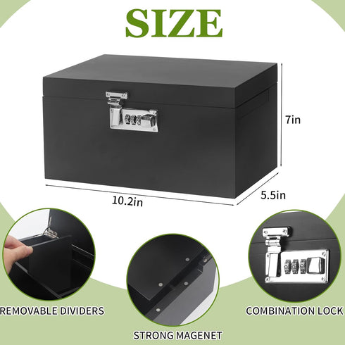 Large Black Bamboo Box with Combination Lock, Decorative Storage Box with Detachable Compartment and Jars