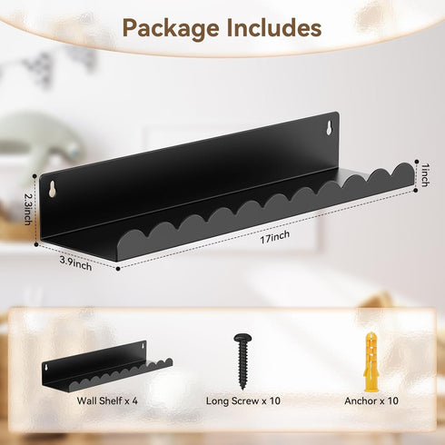 17 Inch 4 Pack, Nursery Book Shelves, Metal Floating Shelves for Wall Scalloped Shelves, Wall Mounted Book Shelf