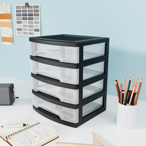 BYCY 4-Drawer Clear Stacking Desktop Organizer for Office Supplies, Stackable Plastic Storage Bins for Small Business &