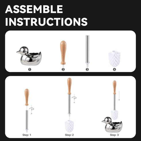 Set 7.5" Toilet Brush Holder - Ceramic Silver Toilet Scrubber Brush with Duck Base, Bathroom Cleaning Brush, Cute