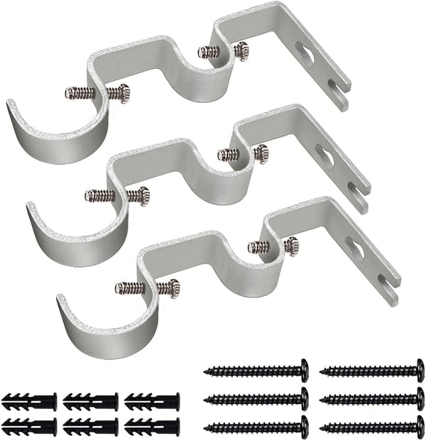 TLBTEK 3PCS Silver Curtain Rod Bracket, Heavy Duty Double Curtain Rod Hanging Brackets for Window, Bedroom, Home Drapery