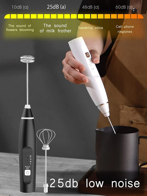 Milk Frother Handheld Foam Maker, 2 Stainless Stirring Heads, 3 Speed Rechargeable Electric Blender for Cappuccino,