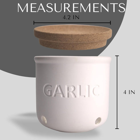 Okavango Countertop 16oz) Garlic Keeper - White Ceramic Container with cork lid - Garlic Storage - Garlic Holder