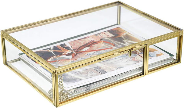 Gold Glass Photo Box by Hipiwe, Vintage Trinket Box Jewelry Display Organizer, Small Keepsake Case Home Decor