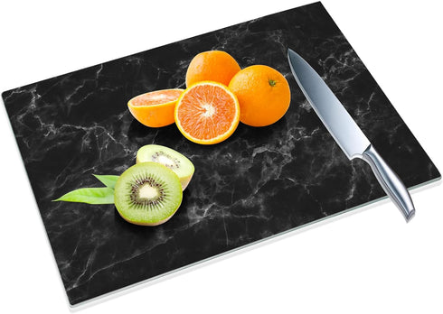 Tempered Glass Cutting Board for Kitchen, 16"x12" Black Marble Pattern, Heat Resistant, Dishwasher Safe