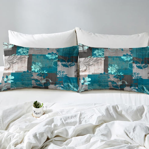 Grunge Ombre Boho Floral Bedding Set - Watercolor Artwork Comforter Cover, Queen Duvet Cover, Turquoise