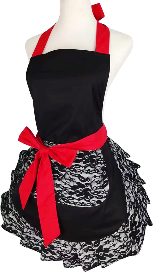 Black Lace Flirty Apron with Pocket, Retro Sexy Cooking Pinup Apron for Women