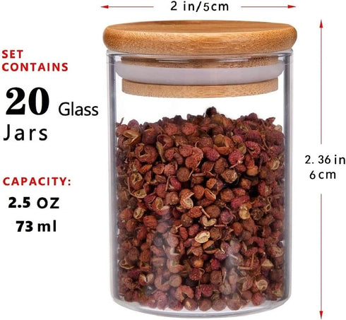 20 2.5oz Pcs Glass Spice Jars with Airtight Bamboo Lids, Labels and Pen, Mini Clear Food Storage Containers for the