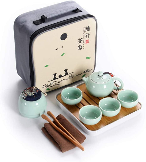 Hoobar Ceramic Kungfu Tea Set Travel Tea Set with Portable Teapot/Teacups/Tea Canister/Tea Tray
