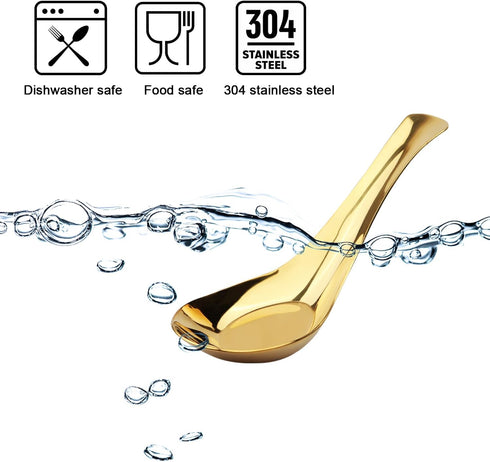 Asian Stainless Steel Soup Spoons Set of 6, Gold Silverware for Ramen, Pho, Wonton, Dumpling Noodles