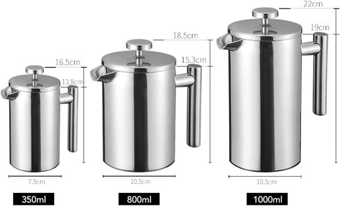 French Press Coffee Maker, 304 Stainless Steel Insulated Pot, Double Layer, 350-1000ML, Silver