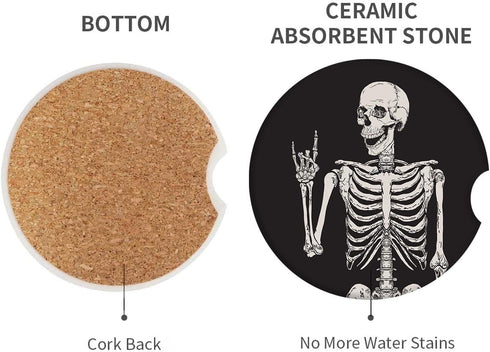 Britimes Absorbent Car Coasters, 2 Pack for Cup Holders, 2.56" Ceramic Stone with Non-Scratch Cork Base, Human Skeleton