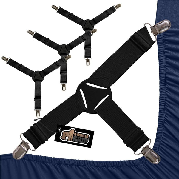 Gorilla Grip Bed Sheet Straps, Adjustable Elastic Fasteners with Metal Clips, Fitted Bedding Holder, 4 Pack Black