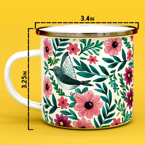 Floral Hummingbird Enamel Camping Coffee Mug, Botanical Garden Gift Cup for Women and Friends